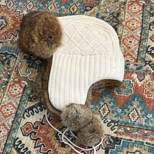 Cozy Cream Rabbit fur knit trooper hat with Poms
